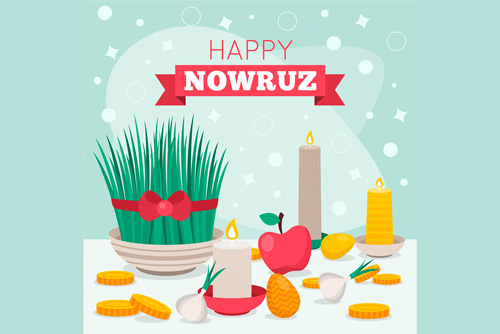 وکتور EPS و Ai لایه باز سفره هفت سین شامل آینه و سبزه و تخم مرغ رنگی و سکه و سیب و شمع و سیر ویژه عید نوروز